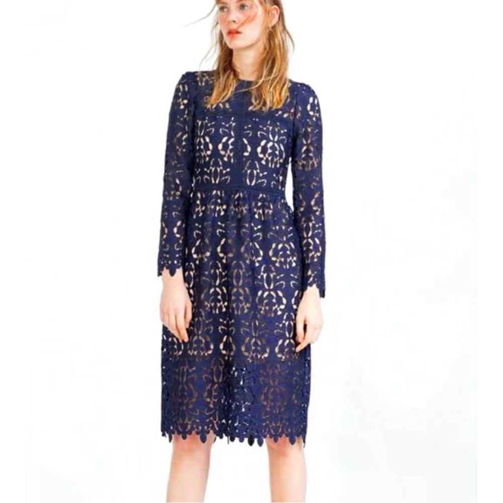 Zara Navy Blue/Cream Lace Guipure Crochet Midi Dress.